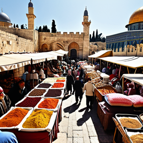 Home 4 **Image Prompt:** A bustling marketplace in Jerusalem. Vendors are selling colorful textiles, pottery, and spices. Tourists are haggling for souvenirs and sampling local foods. In the background, the Dome of the Rock is visible. The overall mood is vibrant and energetic, showcasing the cultural richness of Jerusalem.
