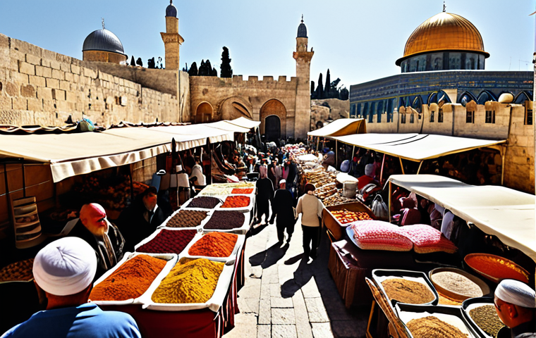 **Image Prompt:** A bustling marketplace in Jerusalem. Vendors are selling colorful textiles, pottery, and spices. Tourists are haggling for souvenirs and sampling local foods. In the background, the Dome of the Rock is visible. The overall mood is vibrant and energetic, showcasing the cultural richness of Jerusalem.