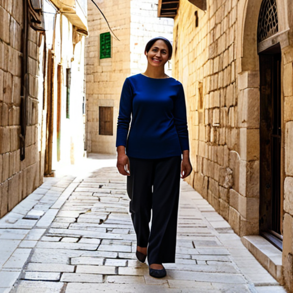 A serene female traveler in her mid-30s, wearing modest, professional dress with a comfortable long-sleeved top and trousers, stands reflectively in a sun-dappled, ancient stone alleyway within the Old City of Jerusalem. The historical architecture of the surroundings is subtly visible, conveying a timeless and spiritual atmosphere. Perfect anatomy, correct proportions, natural pose, well-formed hands, proper finger count, natural body proportions. Professional travel photography, high resolution, crisp focus, vibrant colors, realistic textures, safe for work, appropriate content, fully clothed, family-friendly.
