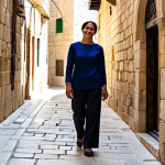 A serene female traveler in her mid-30s, wearing modest, professional dress with a comfortable long-sleeved top and trousers, stands reflectively in a sun-dappled, ancient stone alleyway within the Old City of Jerusalem. The historical architecture of the surroundings is subtly visible, conveying a timeless and spiritual atmosphere. Perfect anatomy, correct proportions, natural pose, well-formed hands, proper finger count, natural body proportions. Professional travel photography, high resolution, crisp focus, vibrant colors, realistic textures, safe for work, appropriate content, fully clothed, family-friendly.
