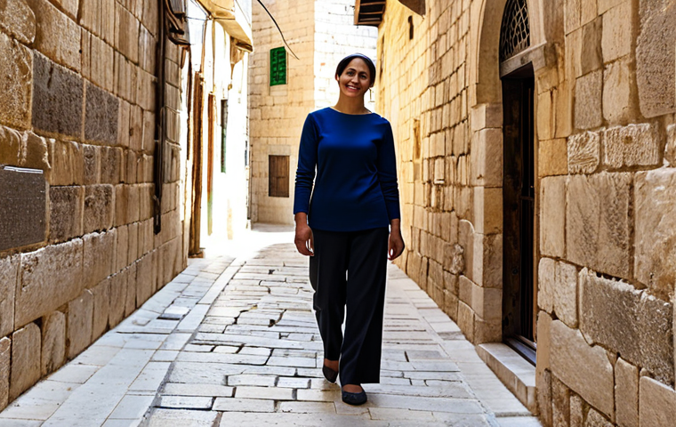 A serene female traveler in her mid-30s, wearing modest, professional dress with a comfortable long-sleeved top and trousers, stands reflectively in a sun-dappled, ancient stone alleyway within the Old City of Jerusalem. The historical architecture of the surroundings is subtly visible, conveying a timeless and spiritual atmosphere. Perfect anatomy, correct proportions, natural pose, well-formed hands, proper finger count, natural body proportions. Professional travel photography, high resolution, crisp focus, vibrant colors, realistic textures, safe for work, appropriate content, fully clothed, family-friendly.