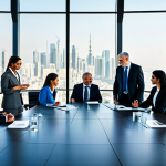 A diverse group of professional adults, representing Middle Eastern and Israeli backgrounds, fully clothed in modern, modest business suits. They are engaged in a collaborative discussion around a sleek, high-tech conference table in a sunlit boardroom. The background features a panoramic view of a thriving, futuristic metropolitan skyline. The scene emphasizes innovation and economic cooperation. Perfect anatomy, correct proportions, natural poses, well-formed hands, proper finger count, natural body proportions. Professional photography, high quality, clear focus, vibrant colors. Safe for work, appropriate content, fully clothed, professional dress, modest clothing, family-friendly.