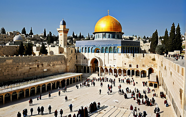 **
"The Temple Mount in Jerusalem, showing the Dome of the Rock and remnants of ancient Jewish temples. Include detailed stonework, a sense of historical significance, and a bustling scene of people in modest, historical clothing. safe for work, appropriate content, fully clothed, family-friendly, perfect anatomy, correct proportions, natural pose, professional, high quality, intricate details, realistic."
**