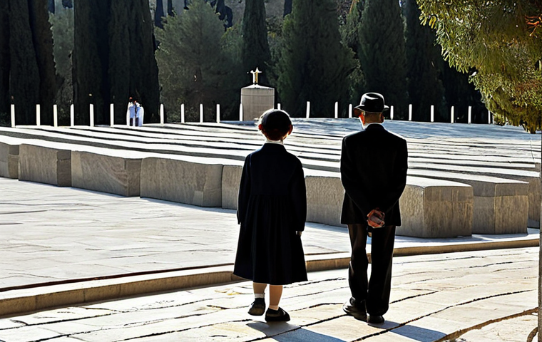 **

"Yad Vashem memorial, Jerusalem, Israel. A somber and respectful scene with visitors walking through the grounds, reflecting on the Holocaust. The Children's Memorial with softly glowing candles visible in the background. Fully clothed visitors in modest attire. Safe for work, appropriate content, professional, perfect anatomy, correct proportions, natural pose, high quality, remembrance, family-friendly."

**