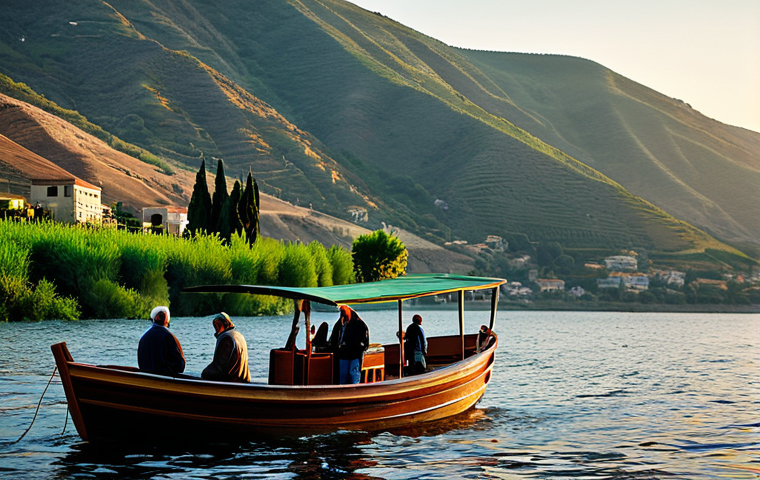 "Scenic view of the Sea of Galilee at sunrise, surrounded by rolling hills and lush greenery, fully clothed people enjoying a peaceful boat ride, soft lighting, realistic textures, perfect anatomy, correct proportions, natural pose, professional photography, safe for work, appropriate content, fully clothed, modest, family-friendly"