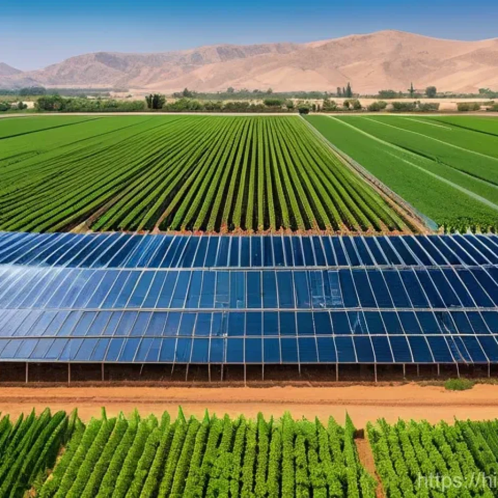 이스라엘에서의 주요 수출 산업 - **Prompt: "A vibrant, panoramic view of an advanced Israeli agricultural landscape. In the foregroun...