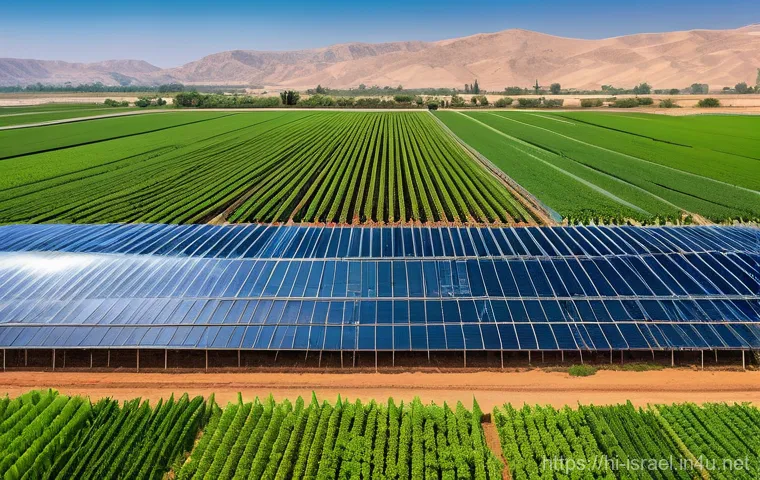 이스라엘에서의 주요 수출 산업 - **Prompt: "A vibrant, panoramic view of an advanced Israeli agricultural landscape. In the foregroun...