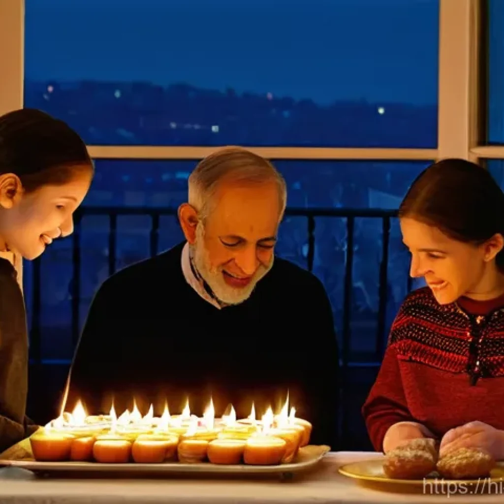 이스라엘의 유대교 기념일 - **Hanukkah Family Celebration:**
    A multi-generational Israeli family, dressed in festive yet mod...