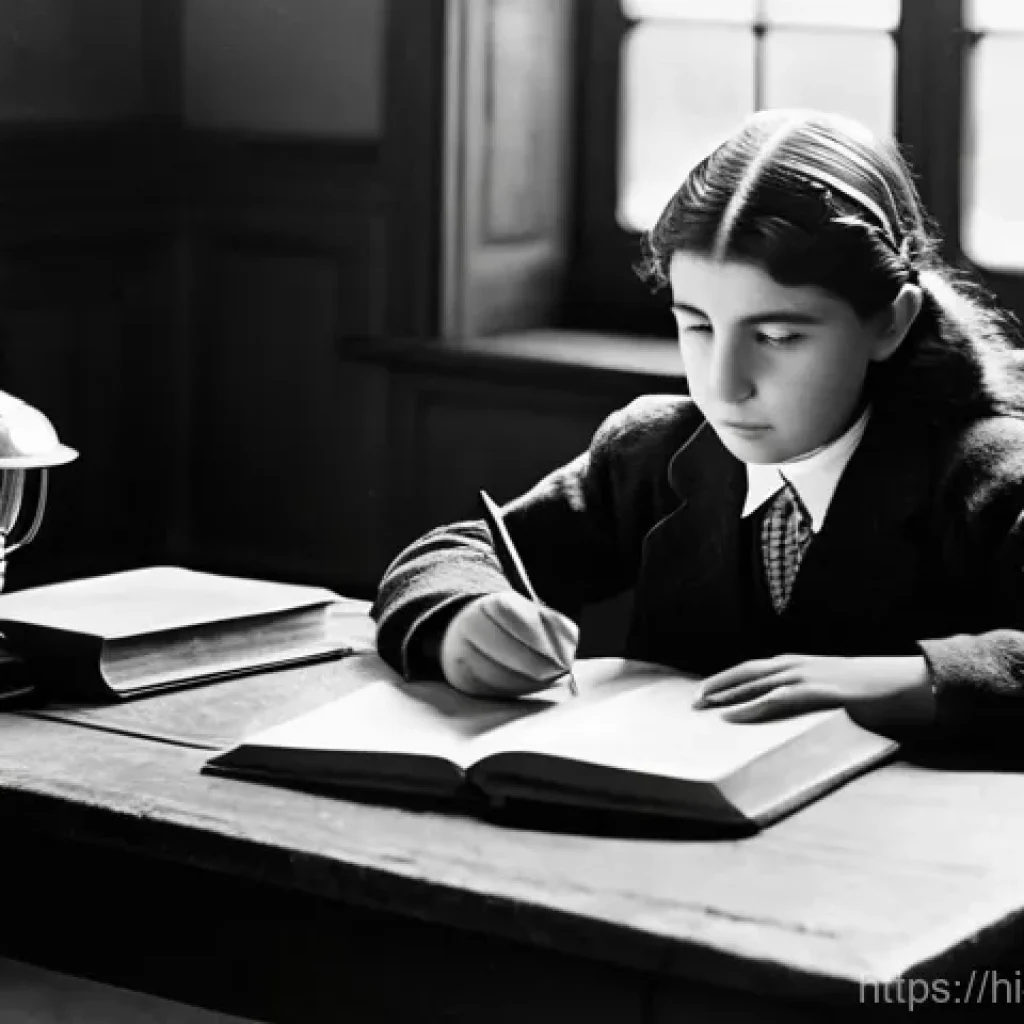 이스라엘의 유명 인물  골다 메이어 - **Prompt:** A young, determined Golda Meir, around 10-12 years old, meticulously studying at a small...