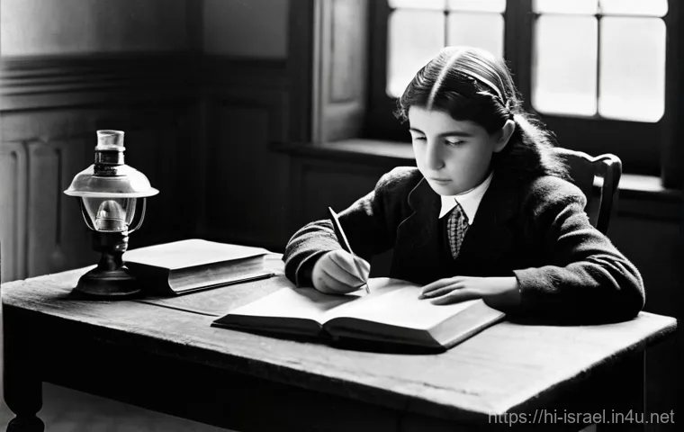 이스라엘의 유명 인물  골다 메이어 - **Prompt:** A young, determined Golda Meir, around 10-12 years old, meticulously studying at a small...