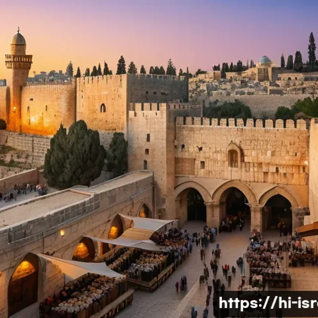 이스라엘의 유네스코 문화유산 탐방 - A panoramic view of Jerusalem’s ancient city walls and fortified gates at sunset, showcasing detaile...