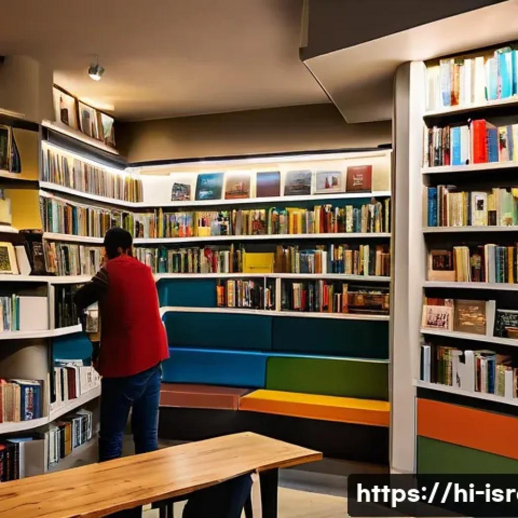 이스라엘의 주요 서점과 도서 페스티벌 - A vibrant bookstore scene in Tel Aviv featuring a diverse crowd of people engaged in lively discussi...