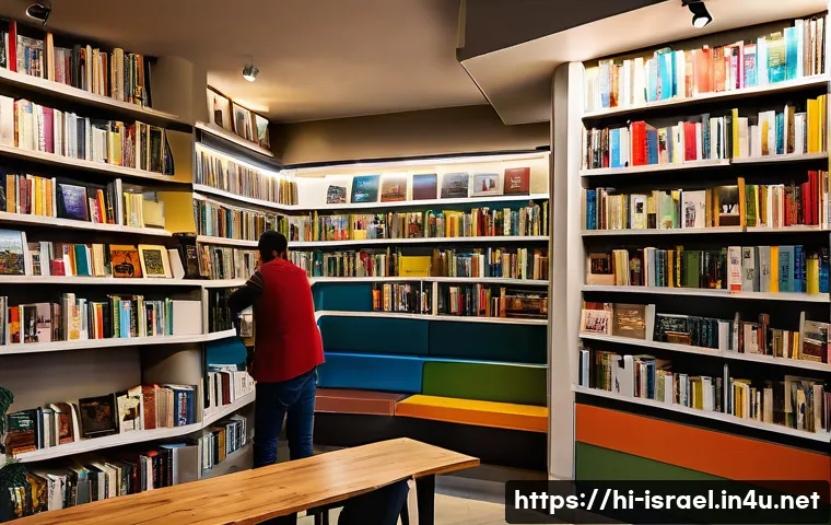 이스라엘의 주요 서점과 도서 페스티벌 - A vibrant bookstore scene in Tel Aviv featuring a diverse crowd of people engaged in lively discussi...