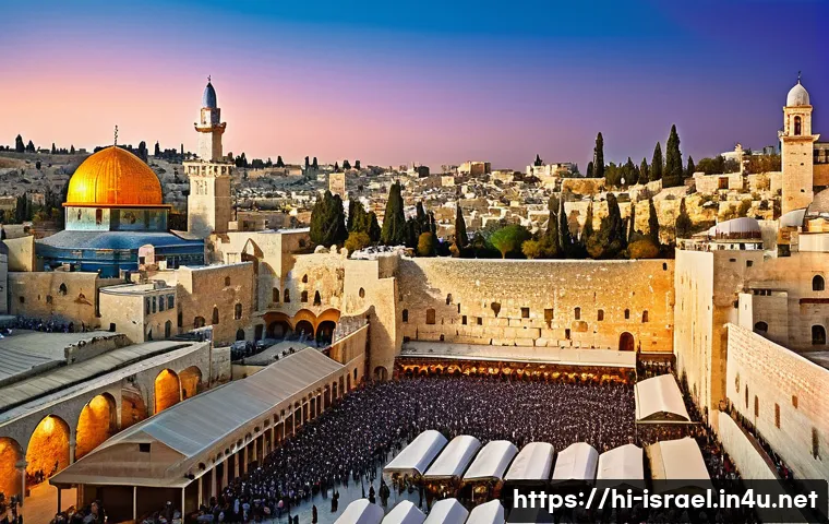 이스라엘과 관련된 역사적 사건 - A vibrant scene of Jerusalem&rsquo;s ancient religious sites at sunset, featuring the Western Wall, the Do...