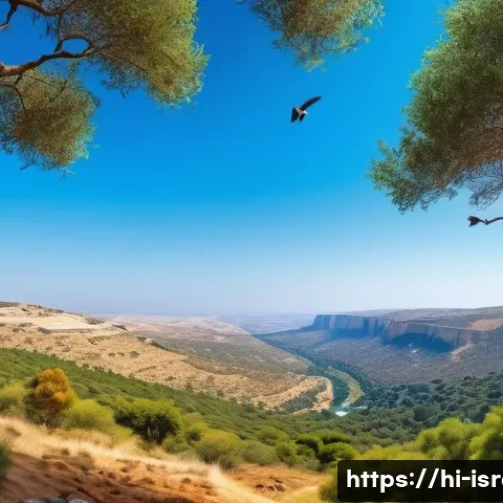 이스라엘의 주요 산림 보호 구역 - A vibrant Israeli national park scene during daylight, showcasing diverse wildlife habitats with col...