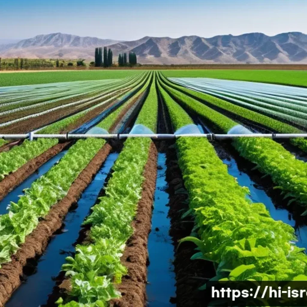 이스라엘의 주요 식물 연구소 - A modern Israeli agricultural field showcasing advanced drip irrigation systems at work under a brig...