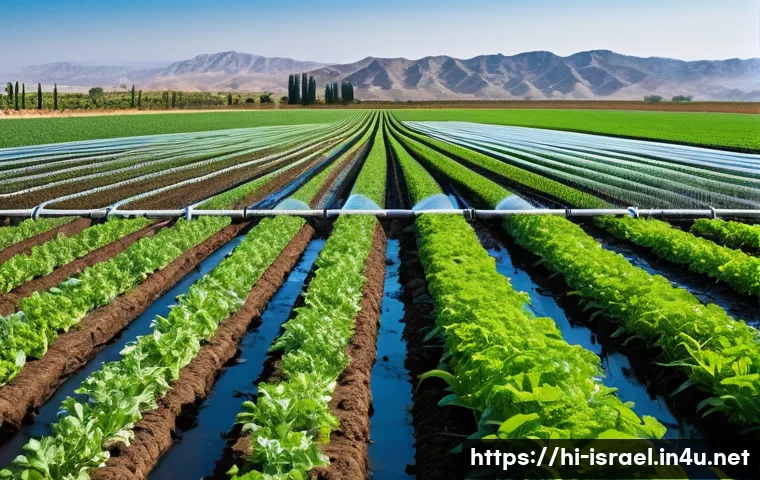 이스라엘의 주요 식물 연구소 - A modern Israeli agricultural field showcasing advanced drip irrigation systems at work under a brig...
