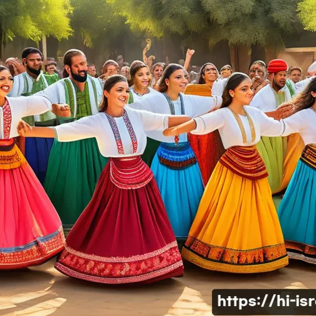 이스라엘의 전통 음악과 춤 - A vibrant traditional Israeli Hora dance scene featuring a diverse group of joyful men and women in ...