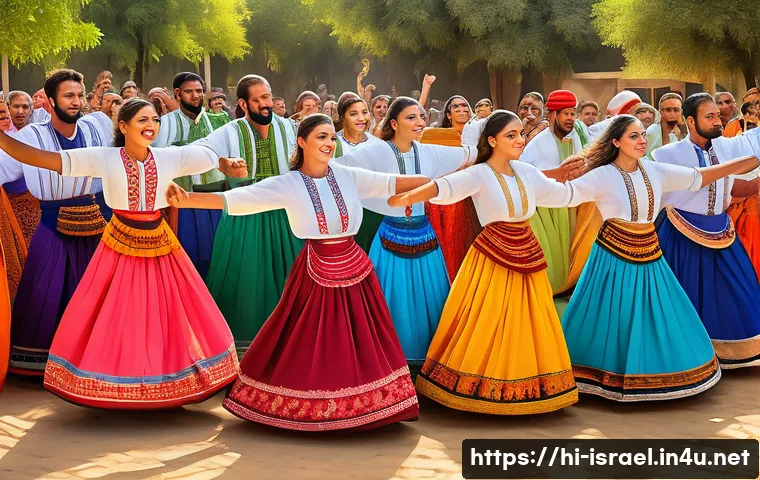 이스라엘의 전통 음악과 춤 - A vibrant traditional Israeli Hora dance scene featuring a diverse group of joyful men and women in ...