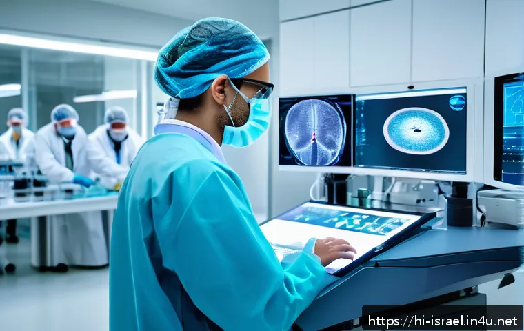 이스라엘에서의 과학 연구의 현재 상태 - A futuristic Israeli medical research laboratory with scientists working on advanced AI-powered canc...