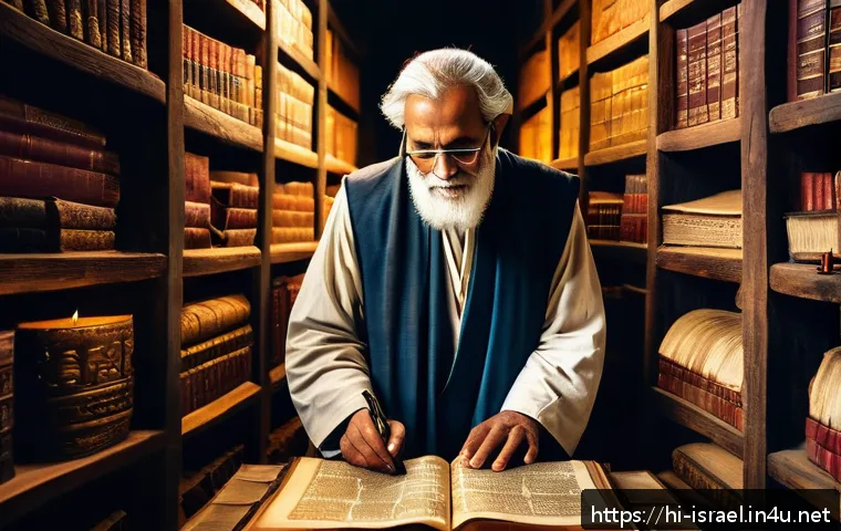 이스라엘의 고대 성경 번역 작업 - An ancient scholar deeply engaged in translating biblical texts, surrounded by scrolls and manuscrip...