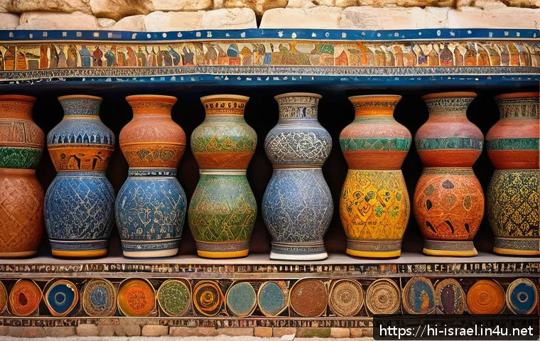 이스라엘의 문화 예술과 지역 특색 - A vibrant mural depicting ancient Israeli art from archaeological sites, showcasing intricate design...