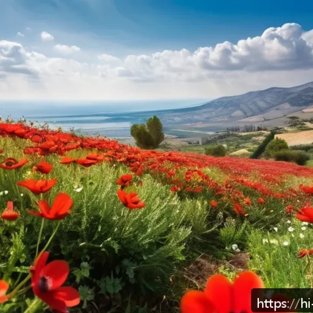 이스라엘의 대표 꽃 아네모네 - A vibrant natural landscape in Israel’s Galilee region during early spring, featuring a lush hillsid...