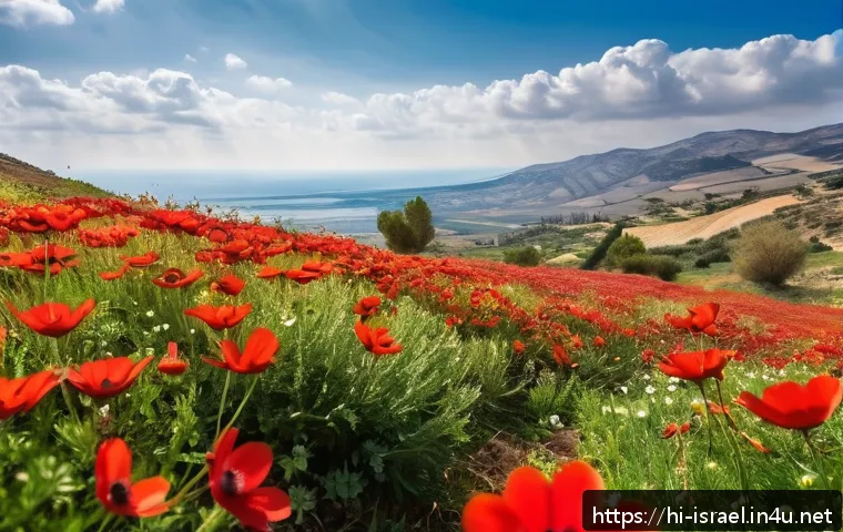 이스라엘의 대표 꽃  아네모네 - A vibrant natural landscape in Israel&rsquo;s Galilee region during early spring, featuring a lush hillsid...