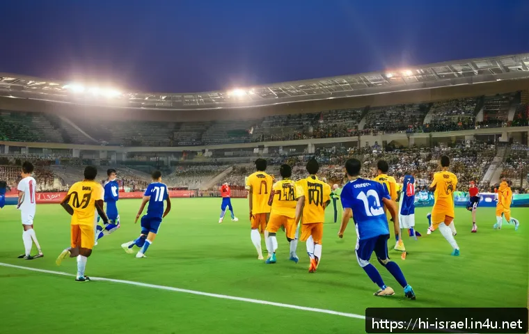 이스라엘의 축구 리그와 주요 팀 - A vibrant football stadium scene in Israel during a lively league match, showcasing diverse teams wi...