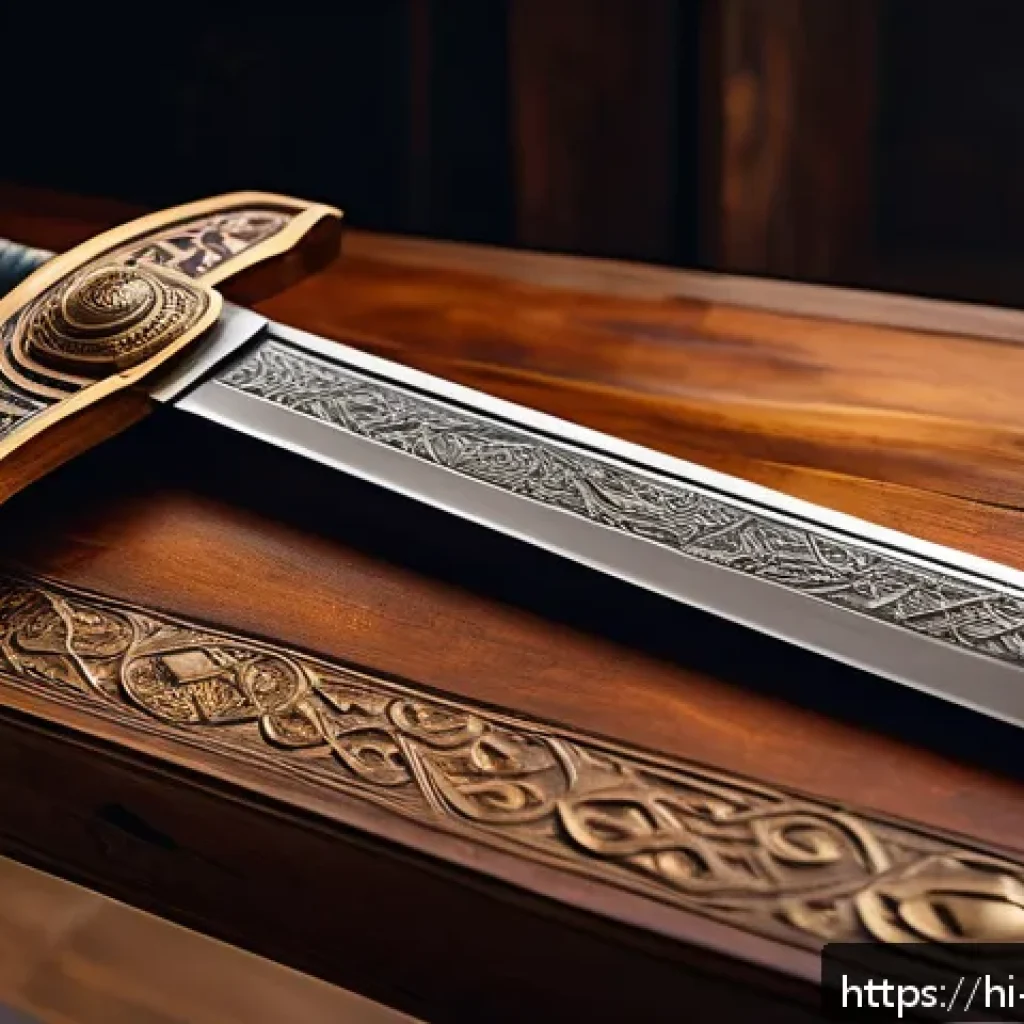 이스라엘의 전통 무기 제작 - A detailed close-up of a traditional Israeli sword and bow, showcasing intricate hand-carved engravi...