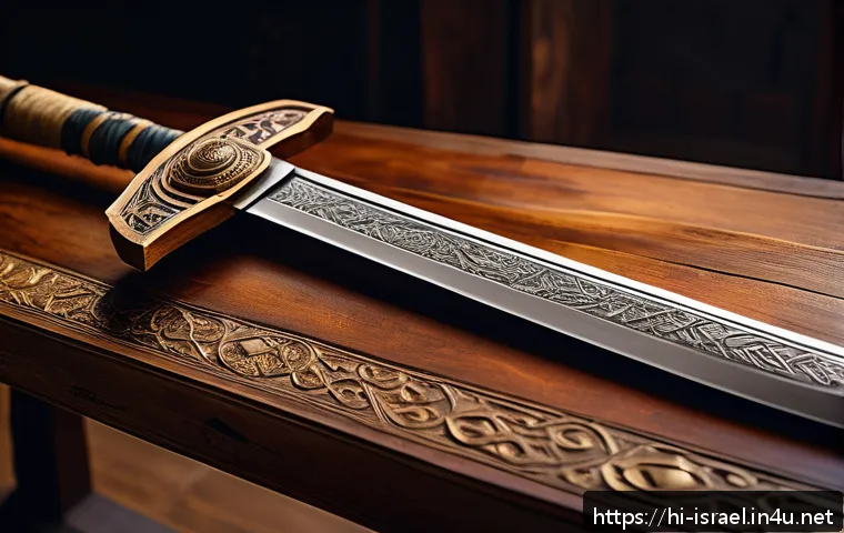 이스라엘의 전통 무기 제작 - A detailed close-up of a traditional Israeli sword and bow, showcasing intricate hand-carved engravi...