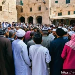 Home 22 이스라엘의 주요 도시와 정치적 역할 - A vibrant urban scene in Jerusalem showcasing a diverse crowd of Jewish, Muslim, and Christian indiv...