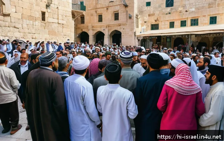 이스라엘의 주요 도시와 정치적 역할 - A vibrant urban scene in Jerusalem showcasing a diverse crowd of Jewish, Muslim, and Christian indiv...
