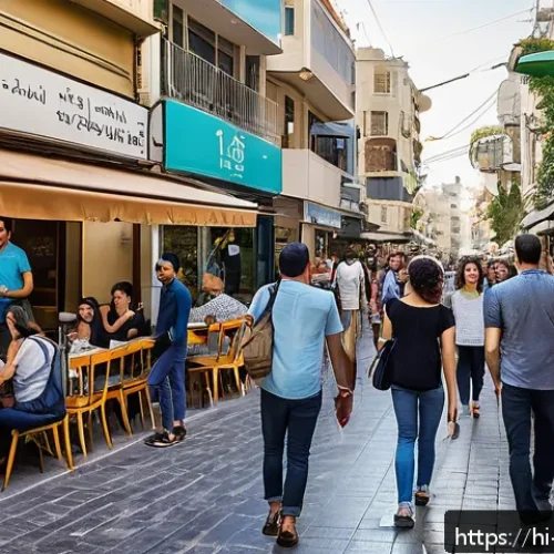 Home 32 이스라엘 여행의 유용한 어플리케이션 - A vibrant street scene in Tel Aviv featuring a diverse group of people using GPS navigation apps lik...