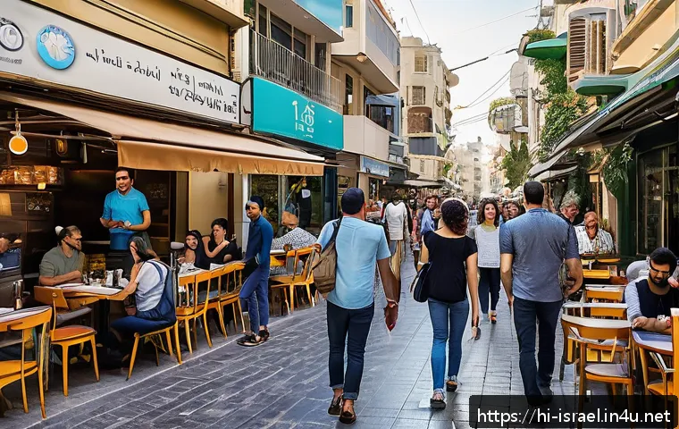 이스라엘 여행의 유용한 어플리케이션 - A vibrant street scene in Tel Aviv featuring a diverse group of people using GPS navigation apps lik...