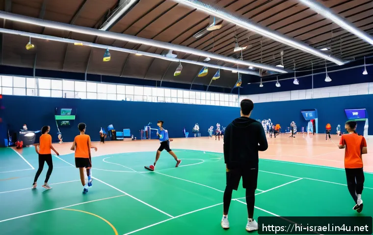 이스라엘에서의 실내 스포츠 시설 - A modern indoor sports complex in Israel showcasing a smart tracking system in action: athletes wear...