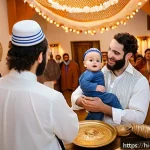 Home 18 이스라엘의 유대교 예식 - A vibrant Jewish Brit Milah ceremony scene featuring a joyful family gathered around a baby boy dres...