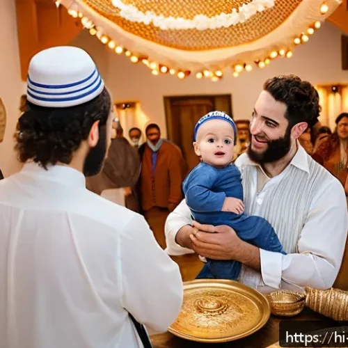 Home 30 이스라엘의 유대교 예식 - A vibrant Jewish Brit Milah ceremony scene featuring a joyful family gathered around a baby boy dres...