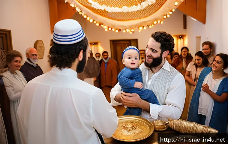 이스라엘의 유대교 예식 - A vibrant Jewish Brit Milah ceremony scene featuring a joyful family gathered around a baby boy dres...