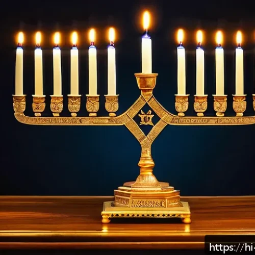 Home 17 이스라엘 성경 기념품 - A beautifully detailed golden Menorah standing on an ornately carved wooden table, softly illuminate...