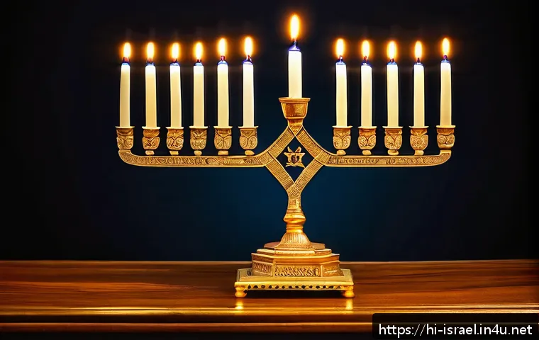 이스라엘 성경 기념품 - A beautifully detailed golden Menorah standing on an ornately carved wooden table, softly illuminate...