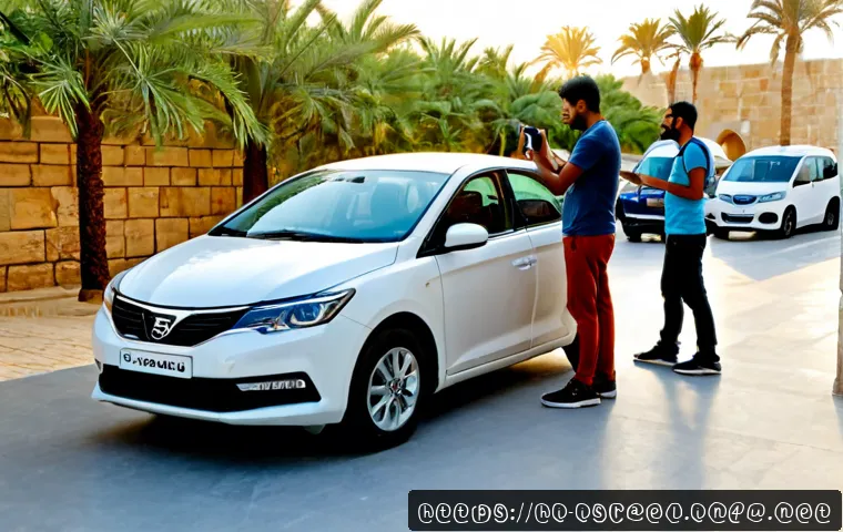 이스라엘에서의 자동차 렌트 팁 - Photorealistic travel scene in Israel, an Indian family of three inspecting a clean compact rental c...