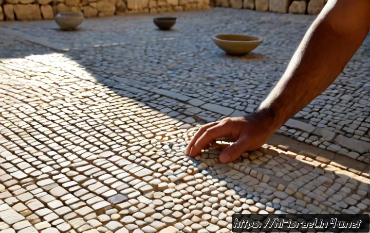 Home 17 이스라엘에서 배울 수 있는 고대 예술 - Photorealistic ancient mosaic workshop in Israel, a skilled artisan arranging small limestone and co...