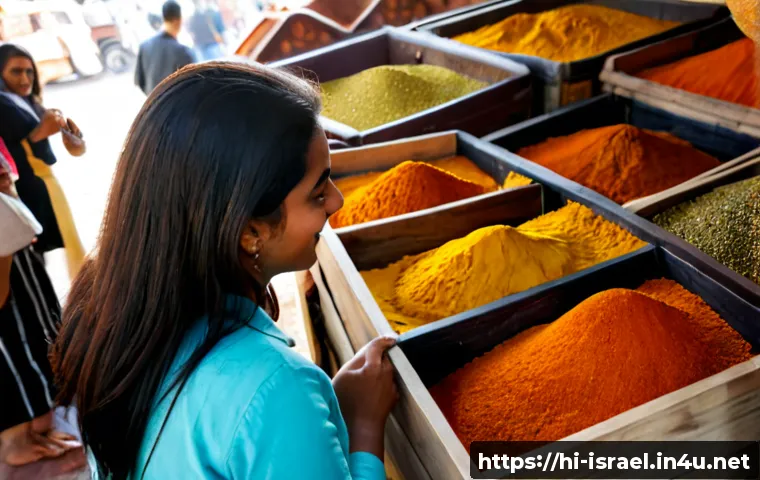 이스라엘의 스파이스 시장 - Photorealistic bustling Israeli spice market, open wooden bins filled with vibrant turmeric, paprika...