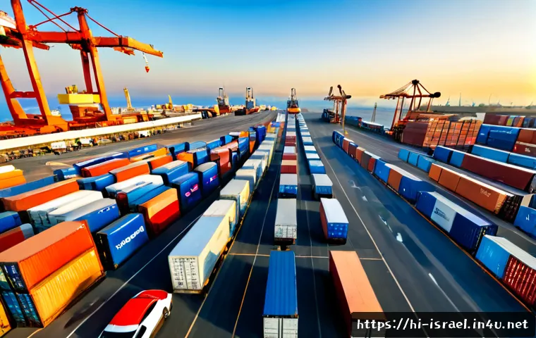 Home 17 이스라엘의 주요 수입 상품 - Photorealistic wide-angle scene of a modern Mediterranean cargo port at sunrise, neatly arranged shi...